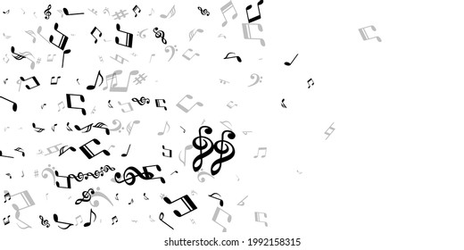 Music note symbols vector illustration. Melody recording elements explosion. Classic music illustration. Vintage note symbols signs with bass clef. Album cover backdrop.