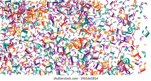 Music note symbols vector wallpaper. Melody notation elements explosion. Dance music wallpaper. Funky note symbols silhouettes with sharp. Concert poster background.