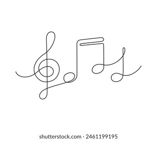 Music note and treble clef, continuous one art line drawing. Music concept. Hand drawn doodle sketch. Vector illustration