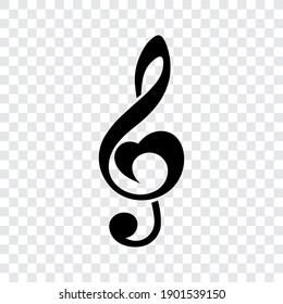 Music note treble clef, heart shape, vector illustration.