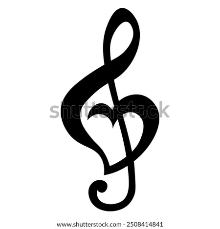 Music note treble clef, heart shape, vector illustration.