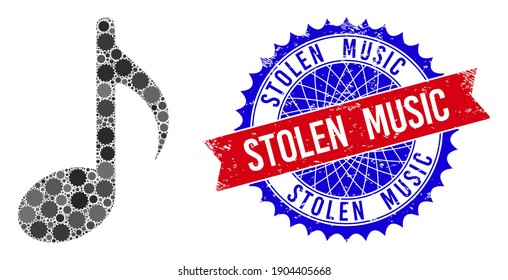 Music note vector mosaic of sharp rosettes and STOLEN MUSIC textured stamp print. Bicolor STOLEN MUSIC stamp seal uses rosette shape, red and blue colors.