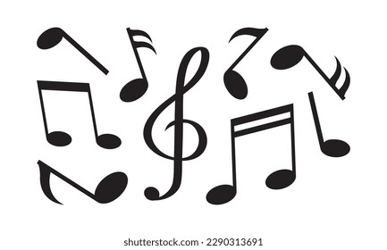 Music note vector pictogram, music element and key, play symbol, melody set, black silhouettes isolated on white background. Media illustration