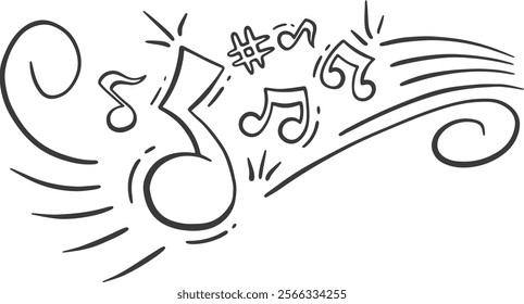 music note wave with symbol variation with doodle sketch ink vector illustration