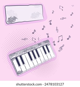 Music Noted Coming from Piano Keyboard in Doodle Style on Pink Background and Copy Space.