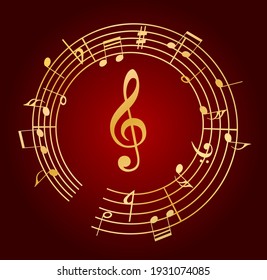 music noted round sheet gold on red background