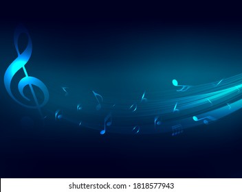 Music notes abstract. blue neon Music notes on rainbow line wave background. Black G-clef and music notes isolated vector illustration Can be adapt to Brochure, Annual Report, Magazine, music poster.