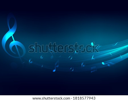 Music notes abstract. blue neon Music notes on rainbow line wave background. Black G-clef and music notes isolated vector illustration Can be adapt to Brochure, Annual Report, Magazine, music poster.