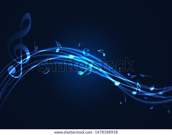 Music notes abstract. blue neon Music notes\
on rainbow line wave background. Black G-clef and music notes\
isolated vector illustration Can be adapt to Brochure, Annual\
Report, Magazine, music\
poster.