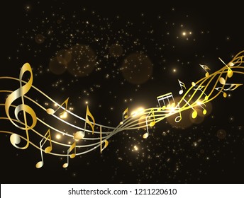 Music notes abstract. Golden Music notes on rainbow line wave background. Black G-clef and music notes isolated vector illustration Can be adapt to Brochure, Annual Report, Magazine, music poster.