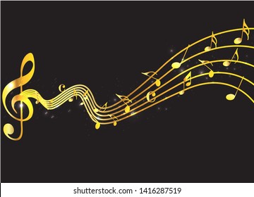 Music notes abstract. Golden Music notes on rainbow line wave background. Black G-clef and music notes isolated vector illustration Can be adapt to Brochure, Annual Report, Magazine, music poster.