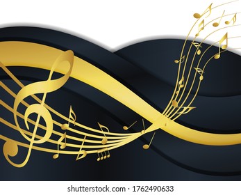 Music notes abstract. Golden Music notes on rainbow line wave background. Black G-clef and music notes isolated vector illustration Can be adapt to Brochure, Annual Report, Magazine, music poster.
