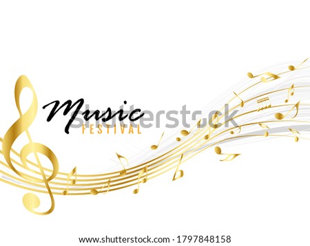 Music notes abstract. golden notes on  line wave background. Black G-clef and music notes isolated vector illustration Can be adapt to Brochure, Annual Report, Magazine, music poster.