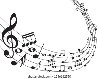 Music notes .Abstract musical background. Vector illustration. Mensural musical notation. Black notes symbols. Note value. Music staff.