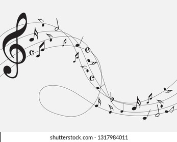 Music notes. Abstract musical background. Black Abstract music notes on line wave background. 