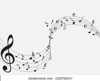 Music notes. Abstract musical background. Black Abstract music notes on line wave background. 