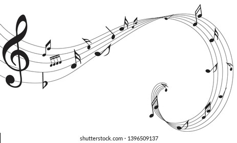 Music notes. Abstract musical background. Black Abstract music notes on line wave background. 
