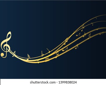 Music notes. Abstract musical background. Golden Abstract music notes on line wave background. 