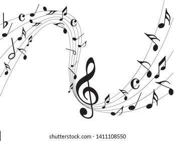 Music notes. Abstract musical background. Black Abstract music notes on line wave background. 