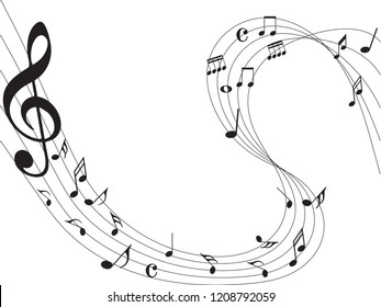 Music notes abstract. Music notes on rainbow line wave background. Black G-clef and music notes isolated vector illustration Can be adapt to Brochure, Annual Report, Magazine, music poster.
