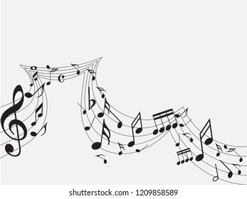 Music notes abstract. Music notes on rainbow line wave background. Black G-clef and music notes isolated vector illustration Can be adapt to Brochure, Annual Report, Magazine, music poster.