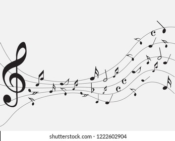 Music notes abstract. Music notes on rainbow line wave background. Black G-clef and music notes isolated vector illustration Can be adapt to Brochure, Annual Report, Magazine, music poster.