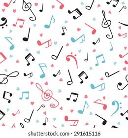 Music notes abstract seamless pattern. Hand drawn background. Vector illustration