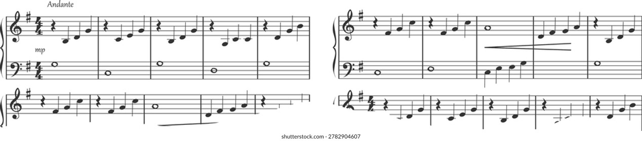 Music notes arranged on treble and bass staff with bar lines, rests, and dynamic marks in clean cartoon linework. Symbolizes melody, harmony, rhythm, composition. Cartoon vector illustration.