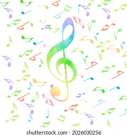 Música nota fondo. Ilustración vectorial aislada de notas musicales y de G-clef coloridos

