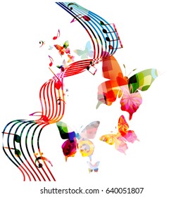 Music notes background. Colorful stave with music notes and butterflies isolated vector illustration