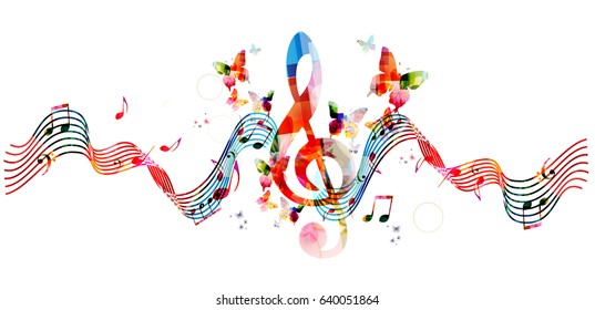 Music notes background. Colorful stave with G-clef and music notes isolated vector illustration