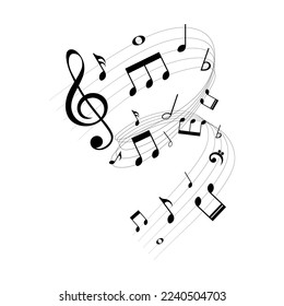 Music notes background, musical elements on wavy swirl lines, vector illustration.