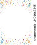 Music notes background,  musical frame. Decorative, colored frame with music notes. Perfect as a photo frame, for scrapbooking, postcards, posters, invitation cards. Decorative frame A4 vector 