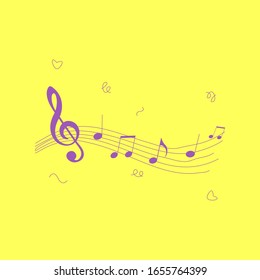 Música nota fondo, notas musicales.Símbolo musical para el personal y banner de olas. Notas de sonido Disco. Modelo de signo vectorial de diversión