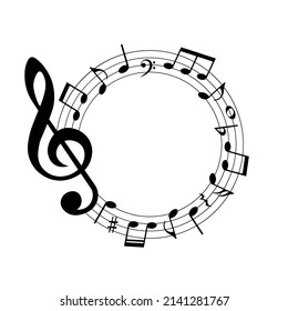 Music notes background, round musical frame, vector illustration.