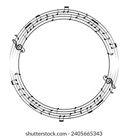 Music notes background, round musical frame, vector illustration.