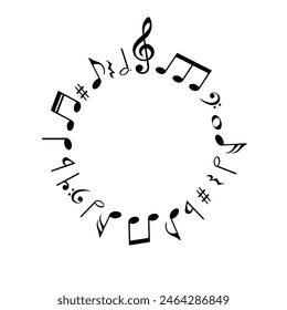 Music notes background, round musical frame, vector illustration.