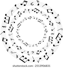 Music notes background, round musical frames pattern, vector illustration.