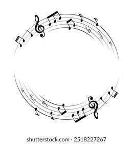 Music notes background, round musical frame, vector illustration.