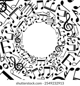 Music notes background, round musical frames pattern, vector illustration.