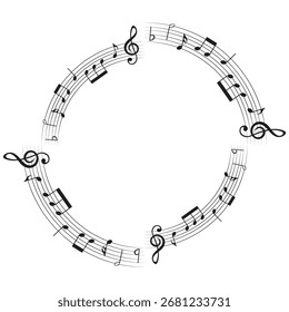 Notenhintergrund, runder musikalischer Rahmen, Vektorgrafik.