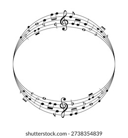 Music notes background, round musical frame, vector illustration.