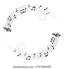 Music notes background, round musical frame with swirls, vector illustration.