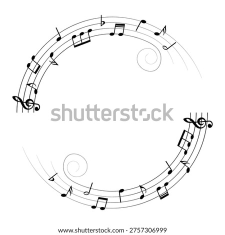 Music notes background, round musical frame with swirls, vector illustration.