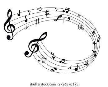 Fondo de notas de música, onda de notas de música aislada, fondo de notas musicales de grupo. Notas musicales.
