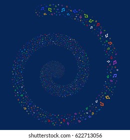 Music Notes bang whirl spiral. Vector bright multicolored random objects.