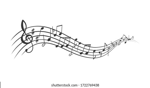 Music Notes Banner. Monochrome Musical Notes Waves, Sound Backdrop. Vector Illustration.