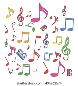 a music notes, bass and treble clef, green, red, blue, orange, pink, black and white, on a white background, vector