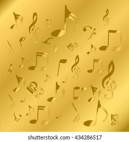 a music notes, bass and treble clef, metal gold, on a gold and yellow background, vector