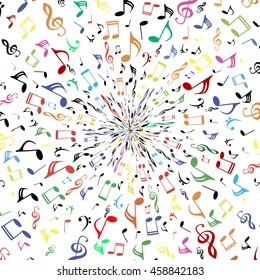 music notes, bass and treble clef, green, red, blue, orange, pink, black and white, on a white background, vector